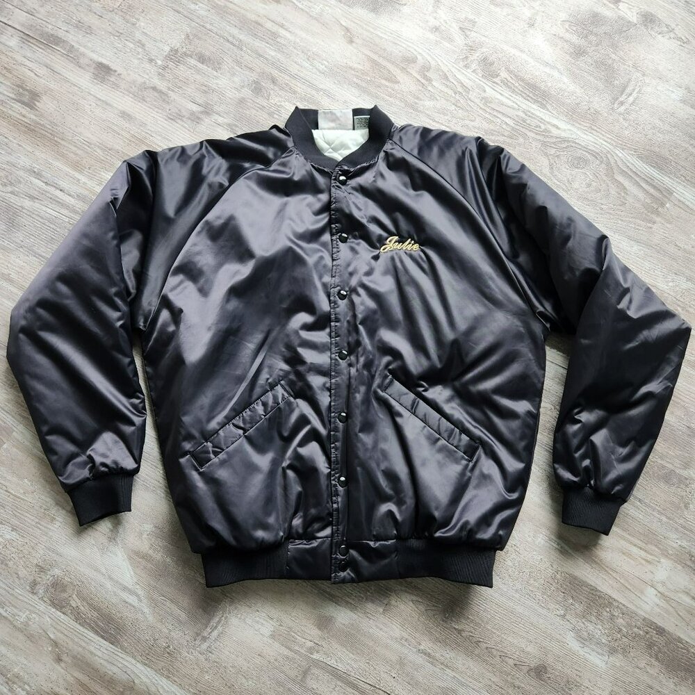 Vintage 90s Black Satin Bomber Jacket Moto Goldwing Graphic NAME Cardinal XL - Picture 8 of 13